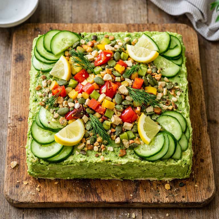 Hemlagad vegansk smörgåstårta med avokadotäcke, gurka, paprika, citron och frön på en träbräda