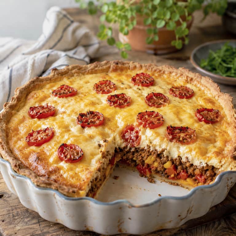 Enkel vegansk tacopaj utan ägg med vegofärs, majs, paprika, vegansk ost och cocktailtomater i frasigt pajskal