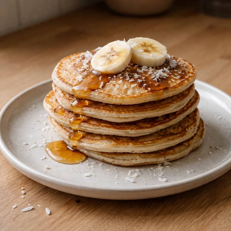 Veganska kokospannkakor på kokosmjölk med lönnsirap, bananskivor och kokosflingor på tallrik i hemmakök
