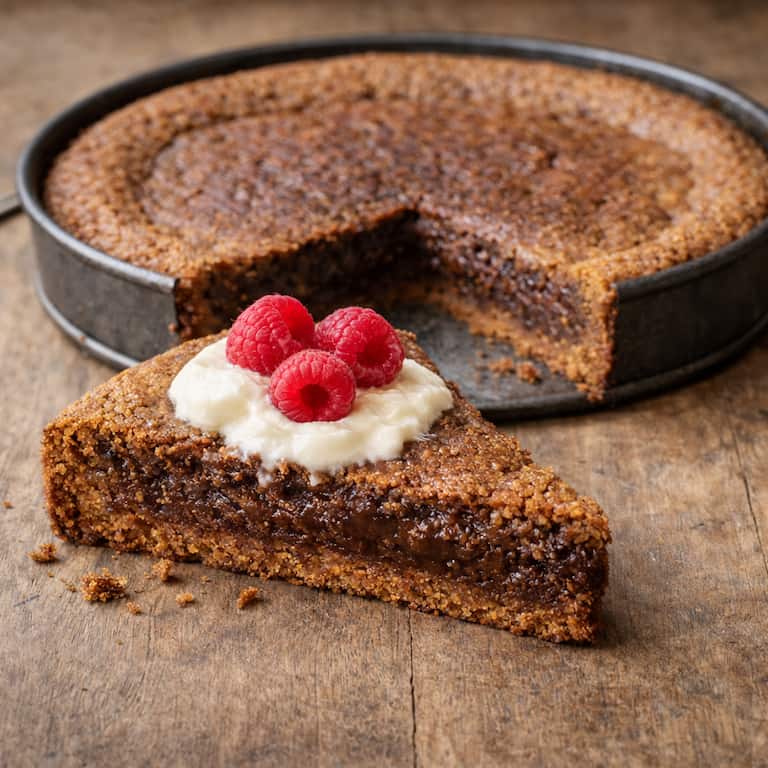 Nyttig vegansk glutenfri kladdkaka med mandelmjöl och kokossocker, kladdig i mitten och bakad i springform, serverad med vegansk vispgrädde och färska hallon