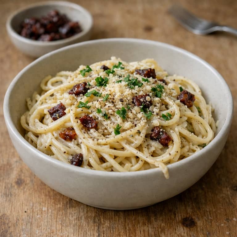 Vegansk pasta carbonara med spaghetti i krämig växtbaserad sås, toppad med soltorkade tomater marinerade i soja och liquid smoke, vegansk parmesan och färsk persilja, serverad i skål på träbord