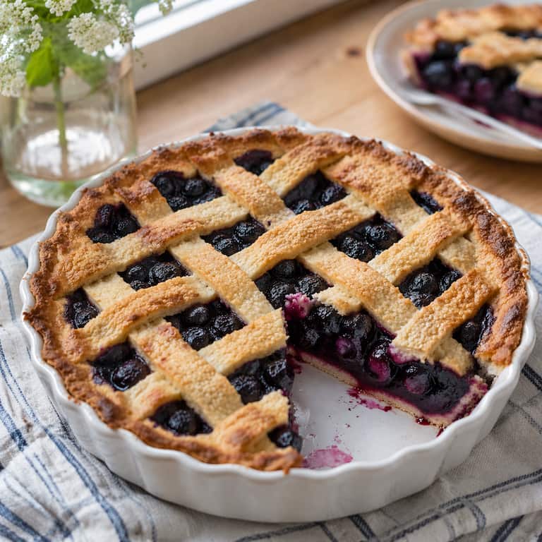 Vegansk blåbärspaj utan ägg med gyllene gallerlock och saftig blåbärsfyllning i pajform, serverad som hembakad dessert i ljus svensk köksmiljö