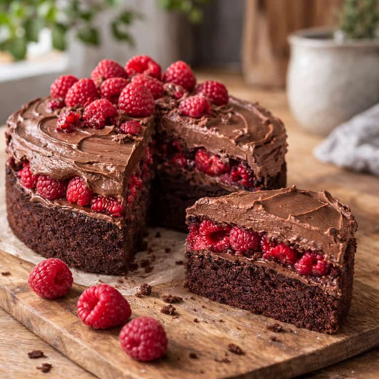 Vegansk chokladtårta med hallonfyllning och chokladfrosting, uppskuren bit som visar lagret av hallon mellan chokladfrosting på en saftig chokladkaka