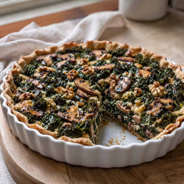 Vegansk grönkålspaj med valnötter och svamp i pajform, serverad som hembakad middag i ljus svensk köksmiljö