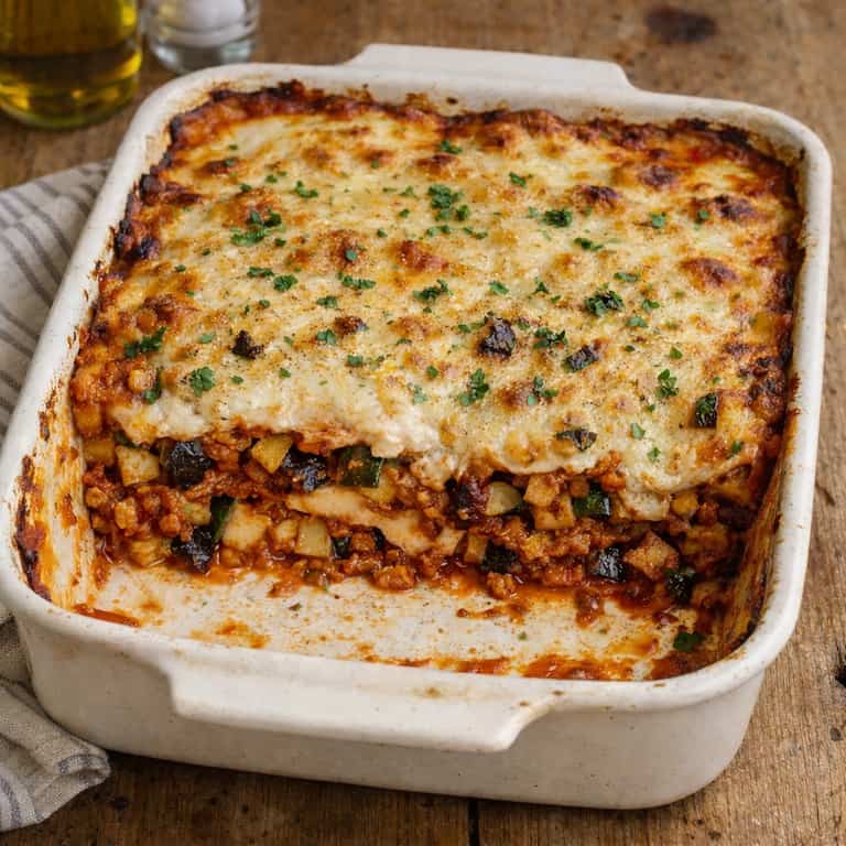 Vegansk lasagne med zucchini och aubergine i ugnsform, lager med sojafärs, krossade tomater och krämig béchamelsås på havremjölk, gratinerad med vegansk ost