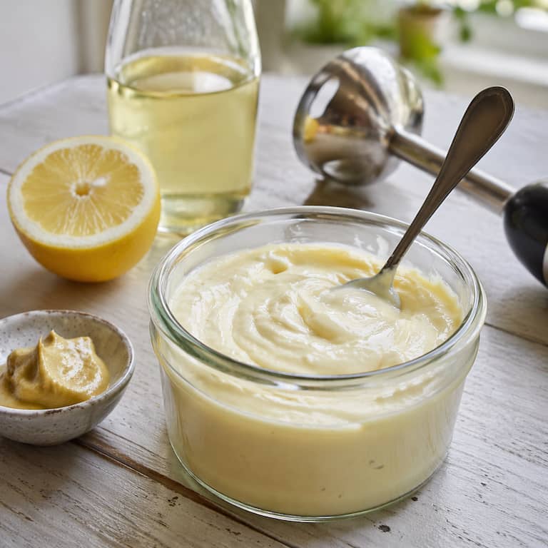 Vegansk majonnäs utan ägg i glasburk, hemmagjord med dijonsenap, citron och neutral olja i kök