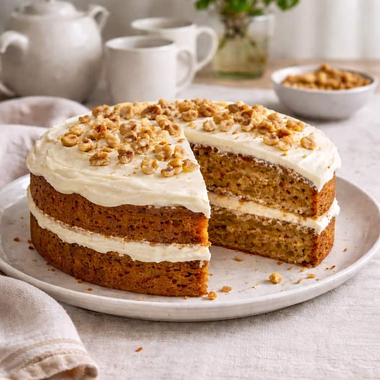 Vegansk morotskaka i två lager med citronfrosting och hackade valnötter på fat, uppskuren så den saftiga insidan syns
