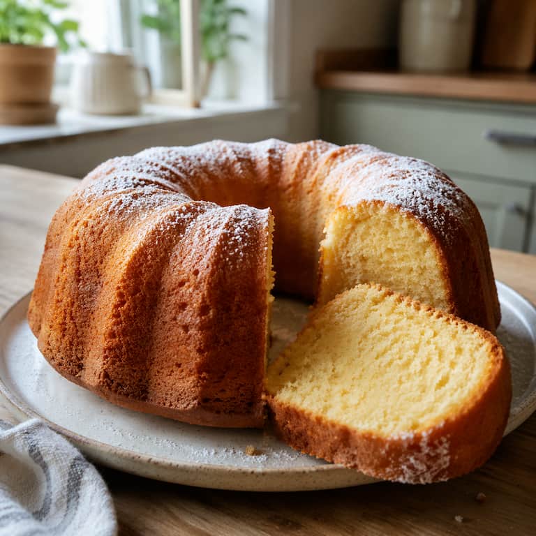 Vegansk sockerkaka utan ägg och mjölk på fat i ljust kök, fluffig och saftig med lätt florsocker och uppskuren skiva som visar den mjuka konsistensen