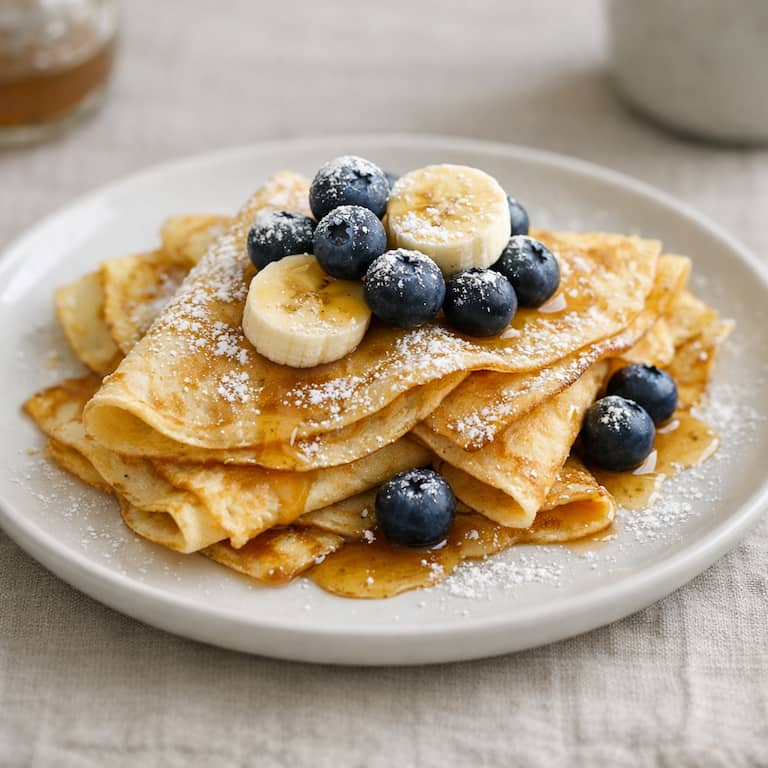 Enkla veganska pannkakor utan ägg och mjölk, gyllenbruna och tunna, serverade med blåbär, banan och lönnsirap